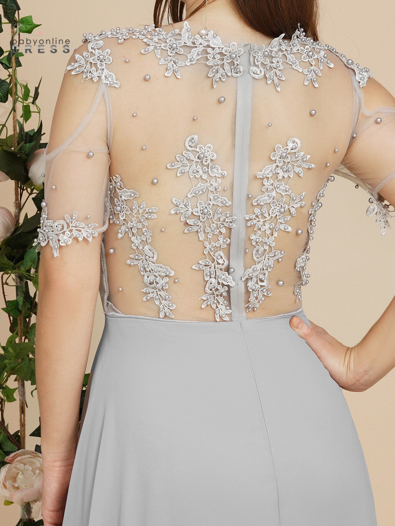 Homecoming Dresses: Long Prom Dresses Applique Pearls Transparent Back Dress