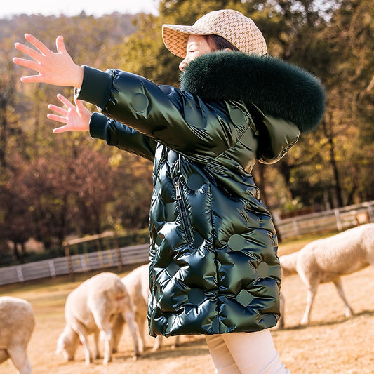 Winter Snowsuit Girls Clothes Down Jacket Waterproof Shiny Big Fur Hooded