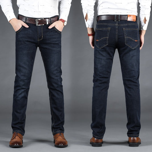 Classic Style Men Black Blue Regular Fit Jeans Business Casual Stretch Denim Pants