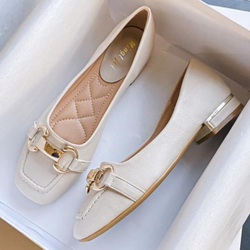 Women Med Heel Square Toe Pumps Office Lady Shoes Big Gold Metal