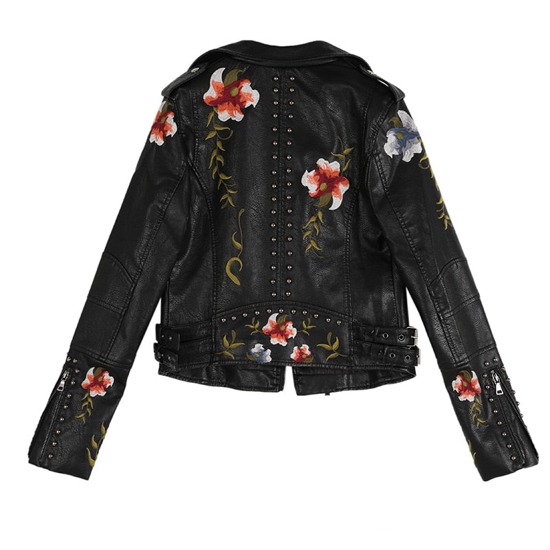 Women Floral Print Embroidery Faux Soft Leather Jacket Coat