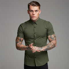 Summer Man Short Sleeve Shirt Solid Fitness Mens Stand