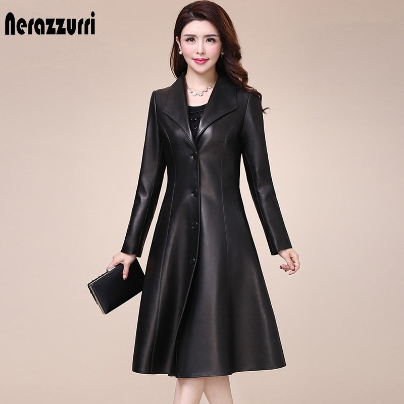 Spring autumn long black soft faux leather coat women long sleeve