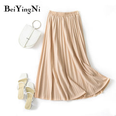 Pleated Midi Skirt Elastic High Waist Sweet Casual Summer Slim