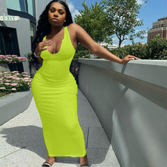 Ribbed Knitted Stripe Women Pure Sleeveless Midi Dress V Neck Bodycon
