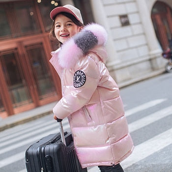 Winter Down Jacket For Girls Coat Waterproof Shiny Hooded Children