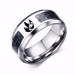Laser Engraved Wolf Men Ring for Men Stainless Steel Blue Carbon Fibre 8mm