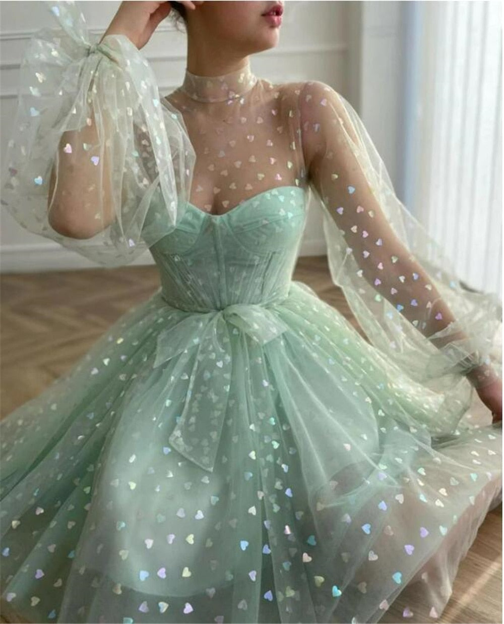 Homecoming Dresses: Light Green Tulle Short Prom Dresses High Neck A Line
