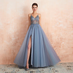 Prom Dresses Long See Through A-Line Split Tulle V Neck Spaghetti
