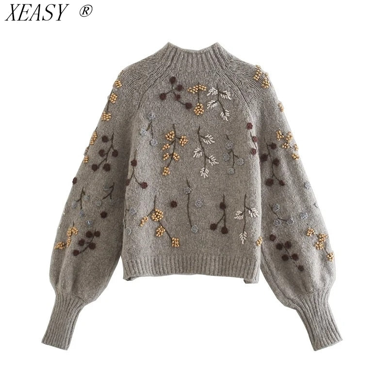 Women Vintage Long Sleeve Pullover Chic Flowers Beaded Fashion