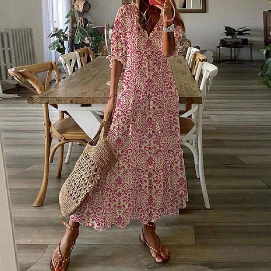 Women Elegant V-Neck Summer Dresses Casual Short Sleeve Dresses