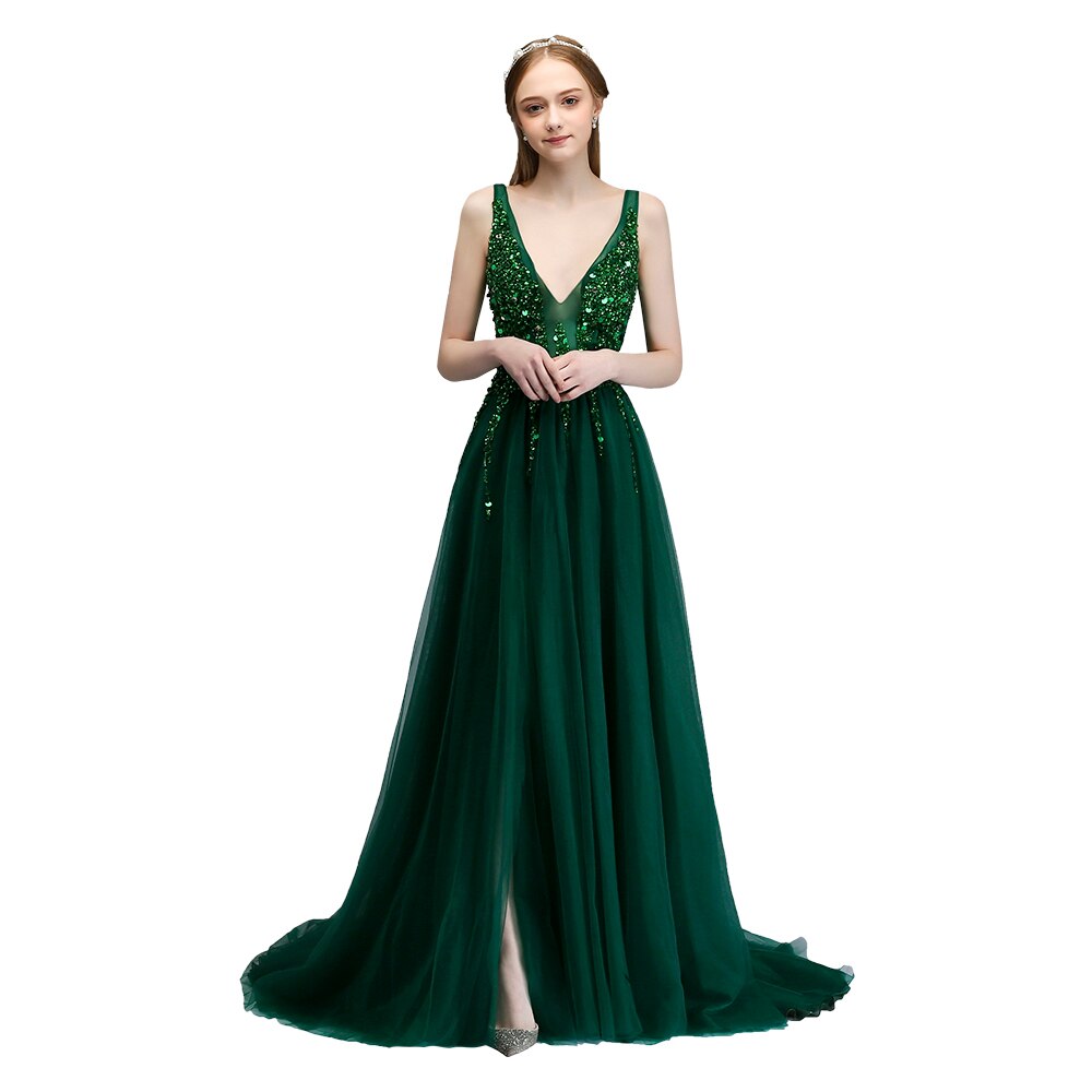 Evening wear Dresses: Evening Dress V-neck Backless Beading Tulle Long Prom Gown