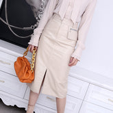 Long Skirt Women Stylish Imported Retro Bright Varnished Leather Slit