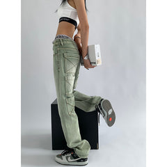 Women Green Jeans Vintage Washed Multiple Pockets Wide Leg Pants