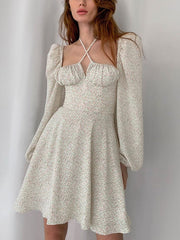 Floral Dress Women Lantern Long Sleeve Ruched Print A Line Square Neck Tie up