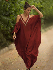 Cold Shoulder V Neck Bats Sleeve Loose Summer Beach Dress Plus Size