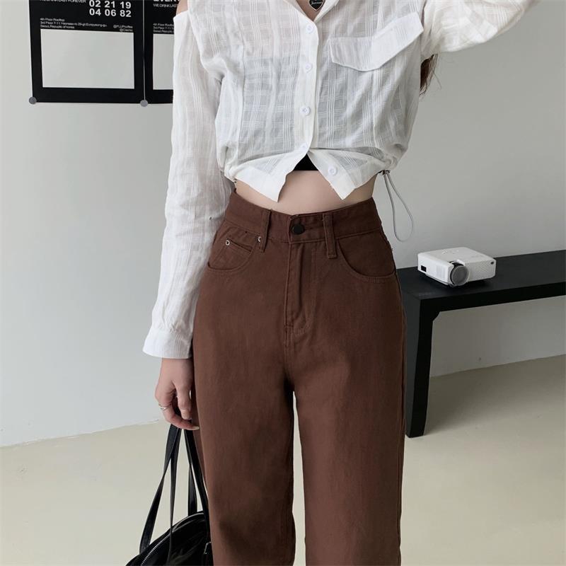 Summer Women Brown Jeans High Waist Loose Straight Wide Leg Denim Female