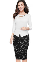 Nice-forever Autumn Print Floral Patchwork Button Casual Dress Business