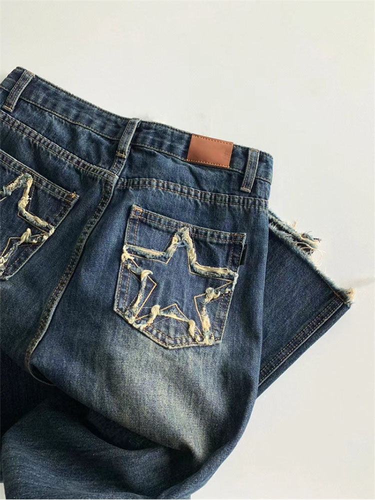 Women's Blue Wide Leg Jeans Star Pocket Vintage Straight Pants High Waist
