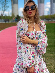 Floral Dress Women Lantern Long Sleeve Ruched Print A Line Square Neck Tie up