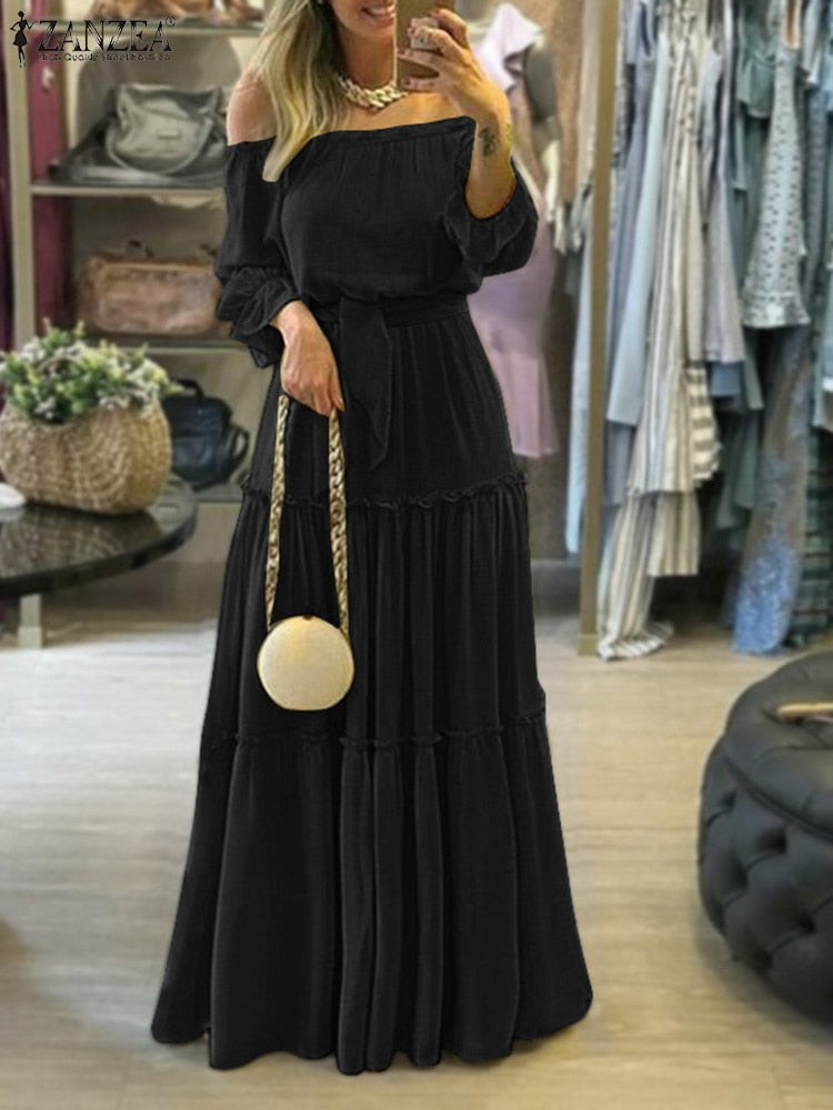 Fashion Off Shoulder Vestidos Female Lace Up Belted Dresses Beach