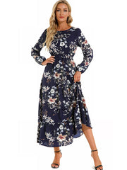Elegant Floral Print Women Dress Spring Summer Casual O Neck Long Sleeve