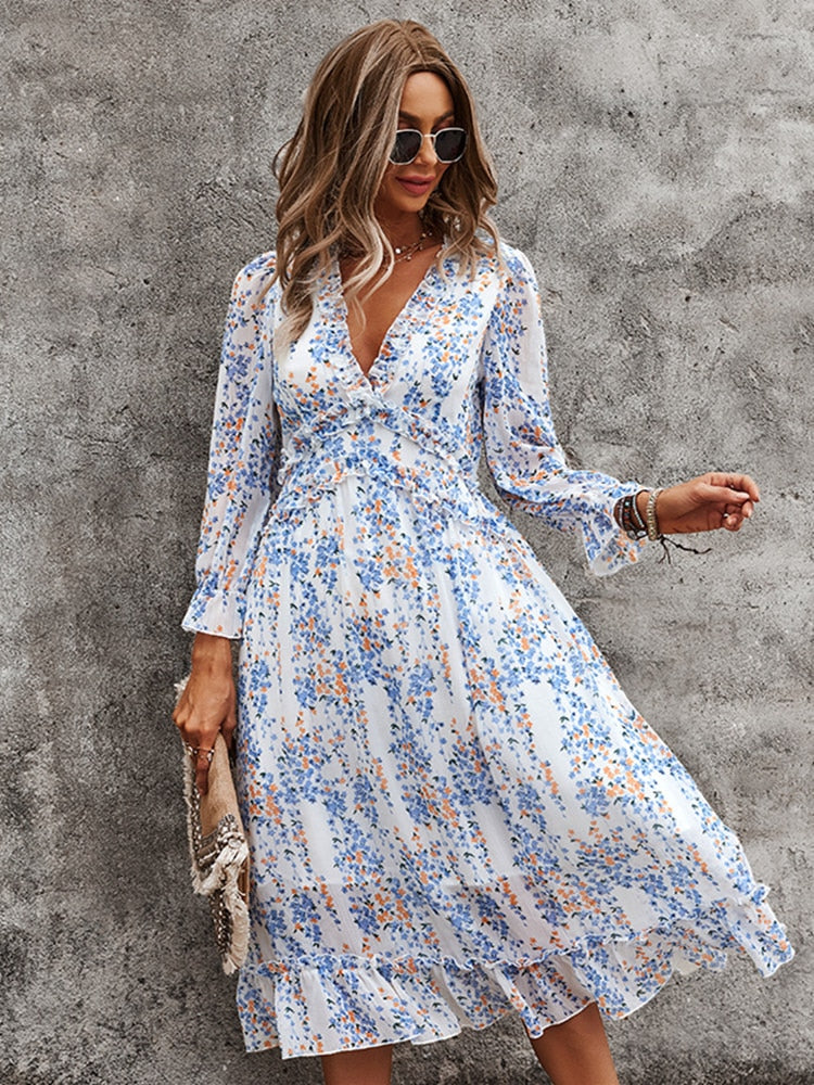 V Neck Floral Dress Ladies Butterfly Sleeve High Waist Casual Print Dresses For Women