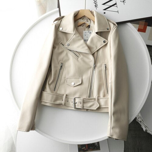 Spring Autumn Women Zippers V-neck Faux Leather Jacket