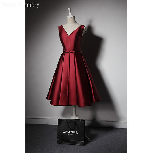 Homecoming Dresses: V-Neck Wine Red Satin Prom Dresses Woman Lace Up Wedding