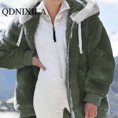 Spring and Autumn Loose Plush Zipper Hooded Jacket Women Coats