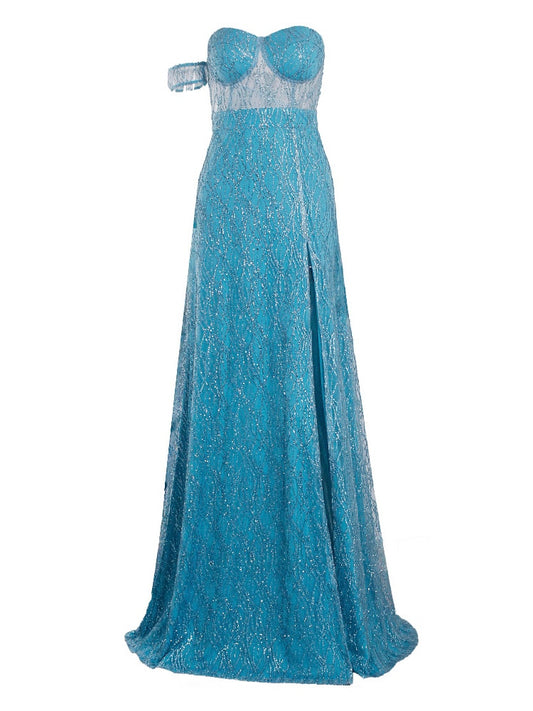 Homecoming Dresses: One Sleeve Strapless Long Ball Gown Split Leg Hollow Out