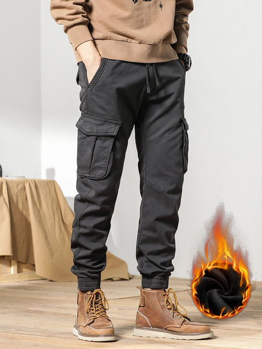 Multi-Pockets Winter Cargo Pants Men Fleece Liner Thick Warm Slim