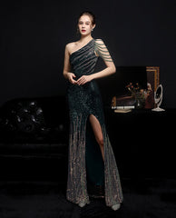 Evening wear Dresses: One Shoulder Split Evening Dress Long Sequins Mermaid