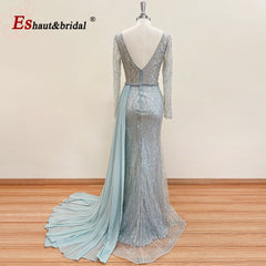 Evening wear Dresses: Evening Dress Long Sleeves V Neck Beaded Chiffon