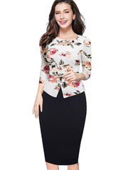 Nice-forever Autumn Print Floral Patchwork Button Casual Dress Business