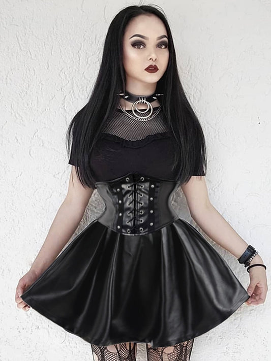 Women Skirts Gothic Harajuku Bandage Faux Leather Korean Fashion Black Mini