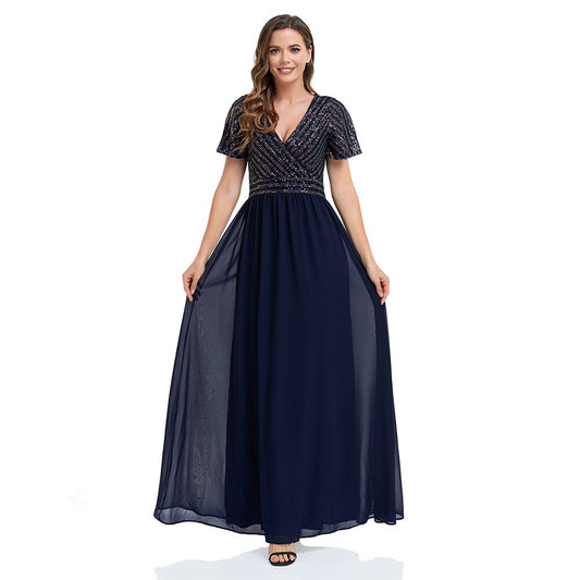 Homecoming Dresses: Women short sleeved V-neck Sequin stitched Chiffon A-line