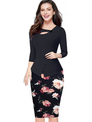 Nice-forever Autumn Print Floral Patchwork Button Casual Dress Business