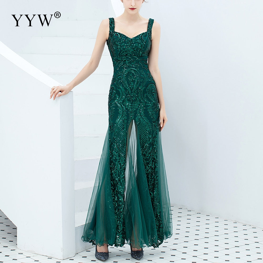 Evening wear Dresses: Gold Sequined V Neck Sleeveless Elegant Evening Dresses