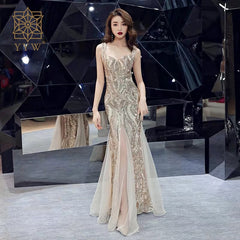 Evening wear Dresses: Gold Sequined V Neck Sleeveless Elegant Evening Dresses