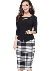 Nice-forever Autumn Print Floral Patchwork Button Casual Dress Business