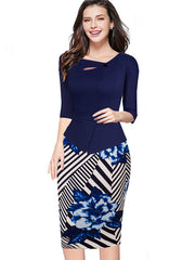 Nice-forever Autumn Print Floral Patchwork Button Casual Dress Business