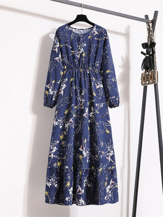 Elegant Floral Print Women Dress Spring Summer Casual O Neck Long Sleeve