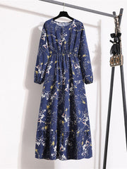 Elegant Floral Print Women Dress Spring Summer Casual O Neck Long Sleeve