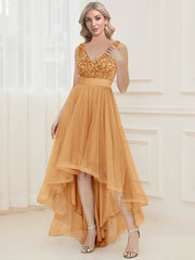 Evening wear Dresses: V-Neck Sleeveless Sequin Floor Length Evening Dress Red