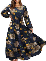 Elegant Floral Print Women Dress Spring Summer Casual O Neck Long Sleeve