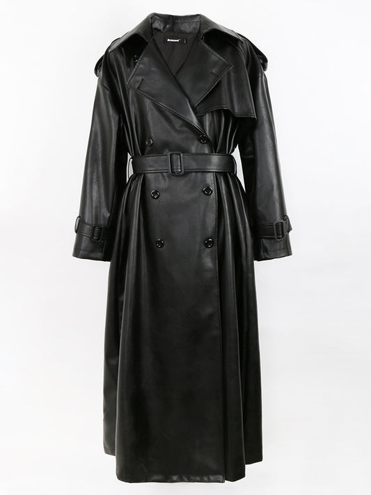 Spring Autumn Long Oversized Black Pu Leather Trench Coat