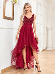 Evening wear Dresses: V-Neck Sleeveless Sequin Floor Length Evening Dress Red