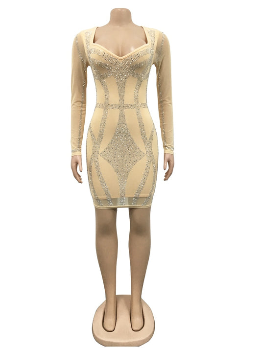 Homecoming Dresses: Rhinestone Sheer Mesh Bodycon Dress Womens Long
