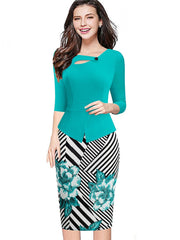 Nice-forever Autumn Print Floral Patchwork Button Casual Dress Business